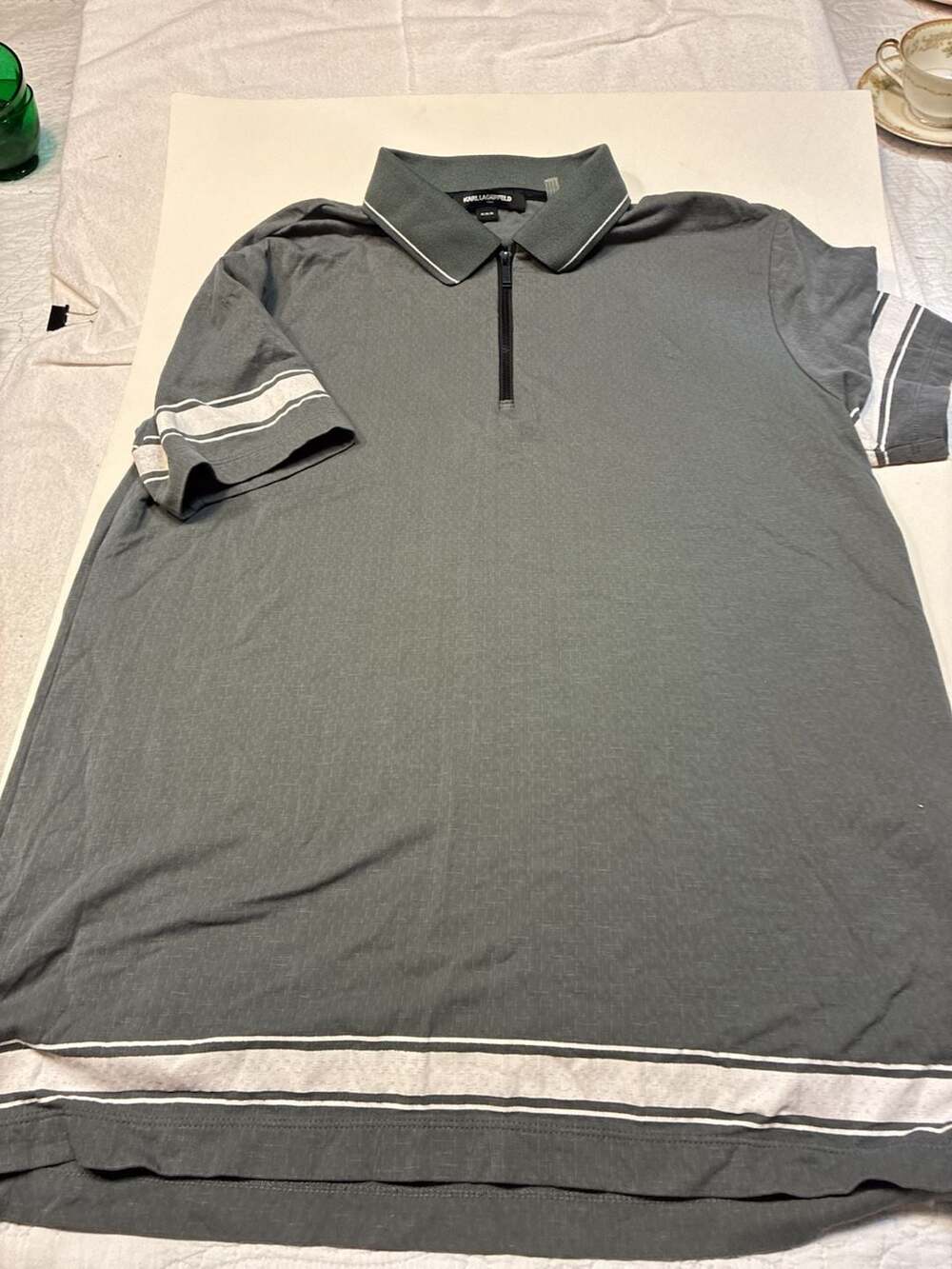 Karl Lagerfeld Paris Men's Short Sleeve Zip-Up Polo Shirt